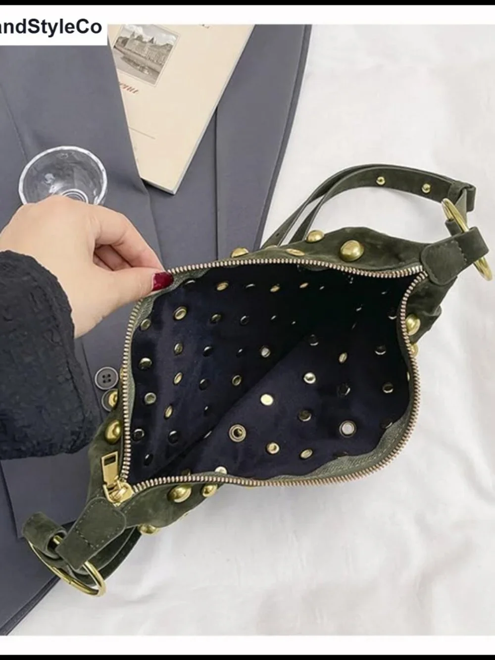 Faux Suede Studded Hobo Shoulder Bag Adjustable Strap Crescent Purse